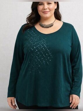 Plus Size  Pennington’s 2X Long Sleeve Tee in Deep Teal with Subtle Sequin Grid